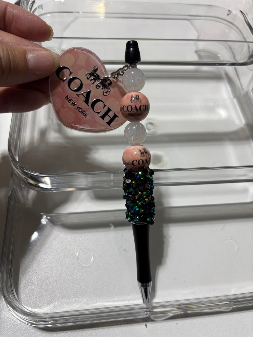 COACH Pink Heart Charm Beaded Pen with Sparkle Grip